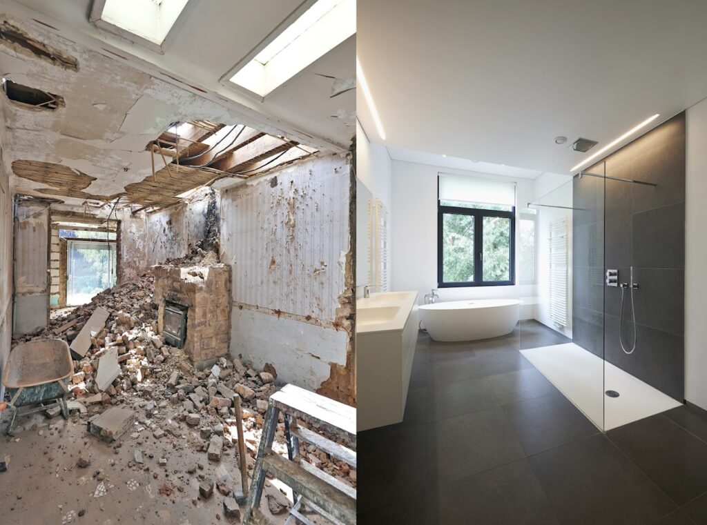 Bathroom renovation before and after comparison.