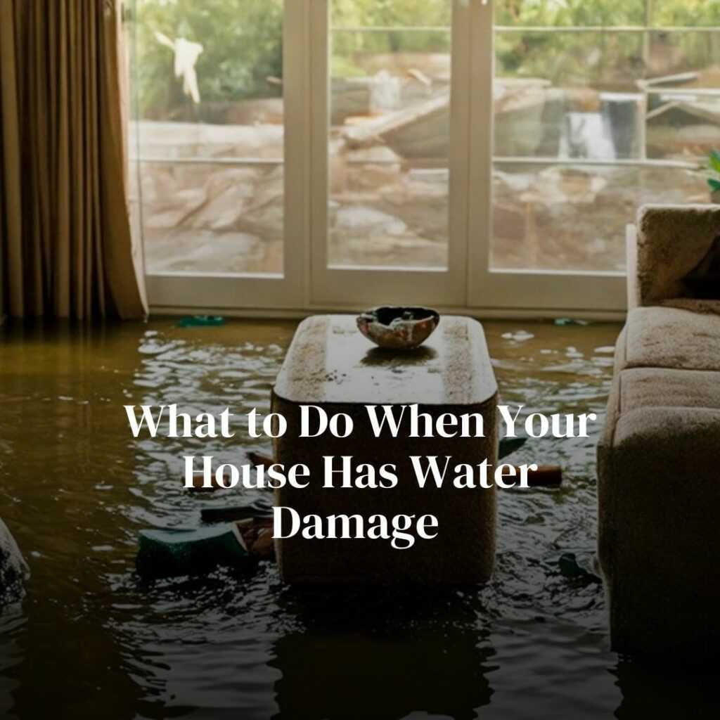 Flooded living room with water damage solutions guide.